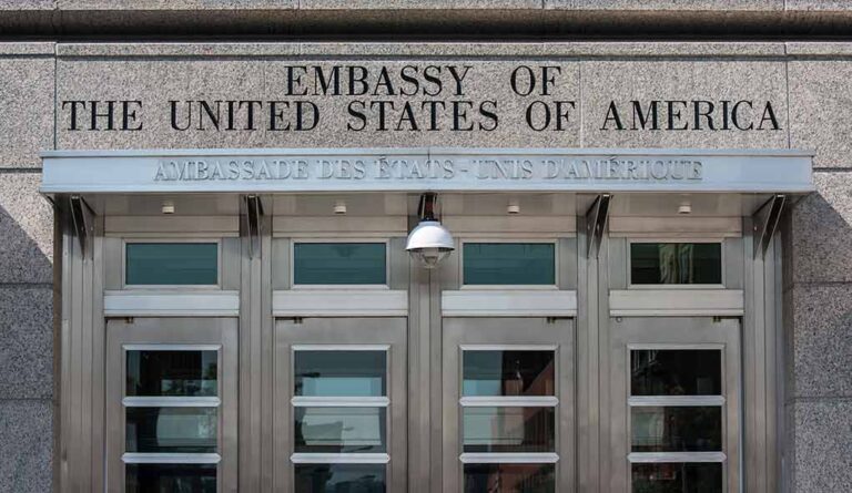Entrance of the U.S. Embassy building.