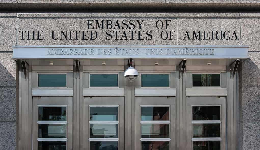 Entrance of the U.S. Embassy building.