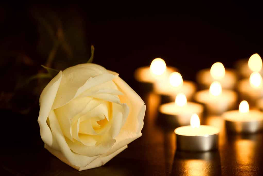 White rose and lit candles in the dark.