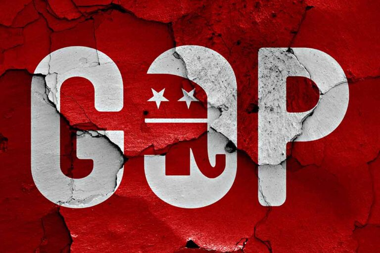GOP logo with elephant on cracked red surface.