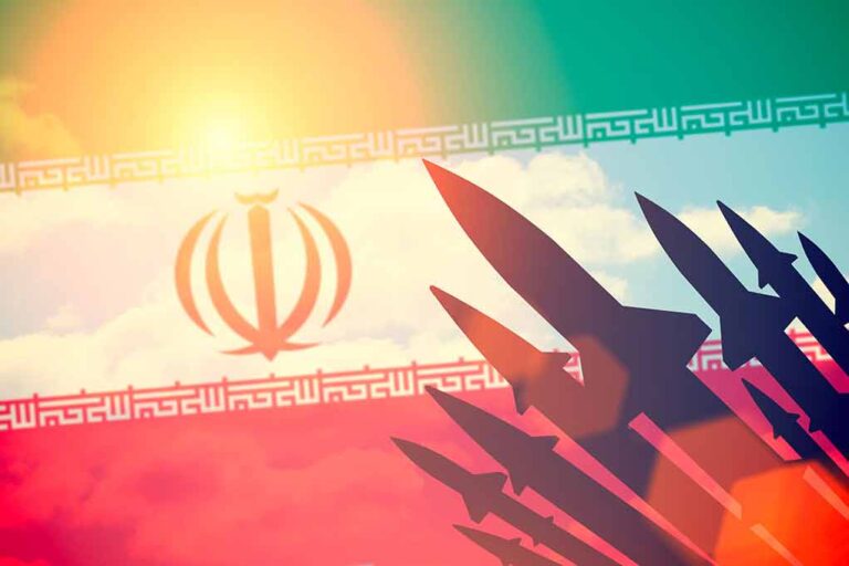 Iran flag with missile silhouettes.