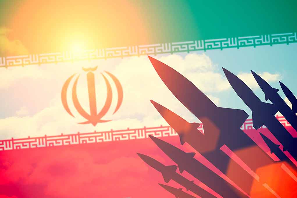 Iran flag with missile silhouettes.