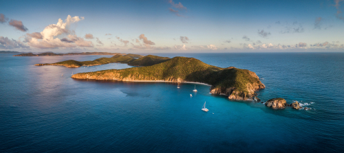 Aerial view of an island with surrounding blue ocean.