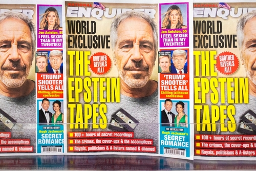 Tabloid magazines featuring headlines about Epstein and celebrity news