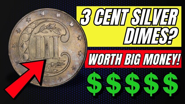 Close-up of a three cent silver coin with an arrow pointing to it and text about its value