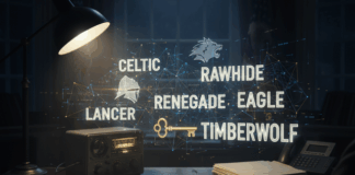 A desk with a vintage radio and illuminated code names related to presidential security