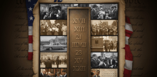 Collage of historical images related to U.S. constitutional amendments with a central plaque displaying amendment numbers