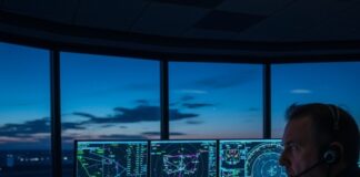 Meteorologist monitoring hurricane data in a control room