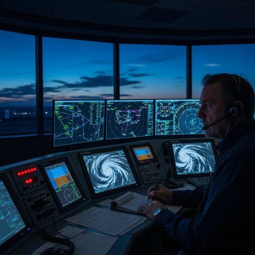 Meteorologist monitoring hurricane data in a control room