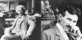 Portraits of Mark Twain and Nikola Tesla side by side