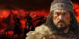 A fierce warrior with a determined expression, set against a backdrop of a chaotic battle