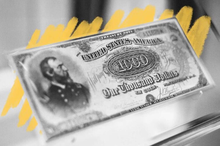 1890 $1,000 Treasury Note displayed with a yellow background