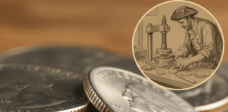 Close-up of coins with ridged edges and an illustration of a historical coin minting process