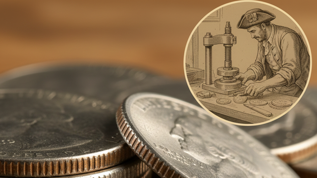 Close-up of coins with ridged edges and an illustration of a historical coin minting process