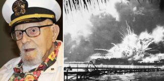 A veteran in a naval cap next to a historical image of the Pearl Harbor attack