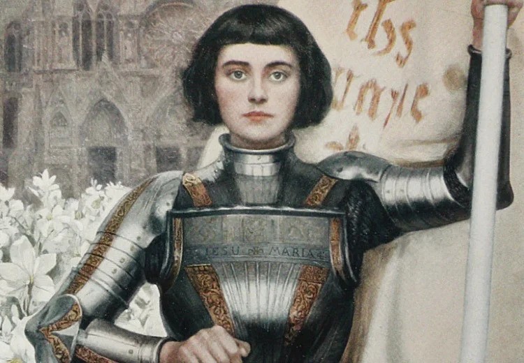 Portrait of Joan of Arc in medieval armor holding a sword