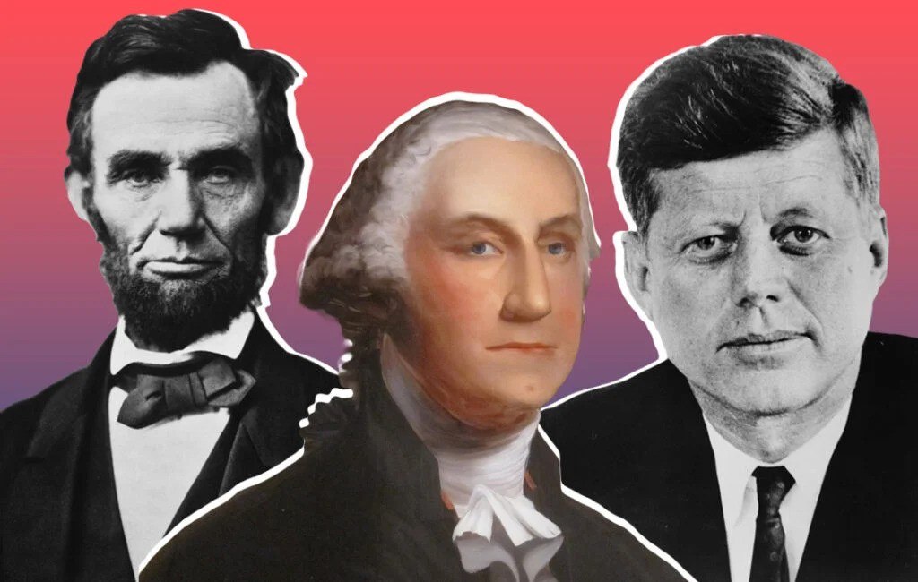 Collage of portraits of U.S. Presidents Abraham Lincoln, George Washington, and John F. Kennedy