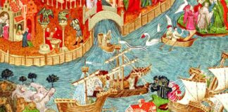A vibrant medieval illustration depicting ships and people along a river, inspired by the travels of Marco Polo.