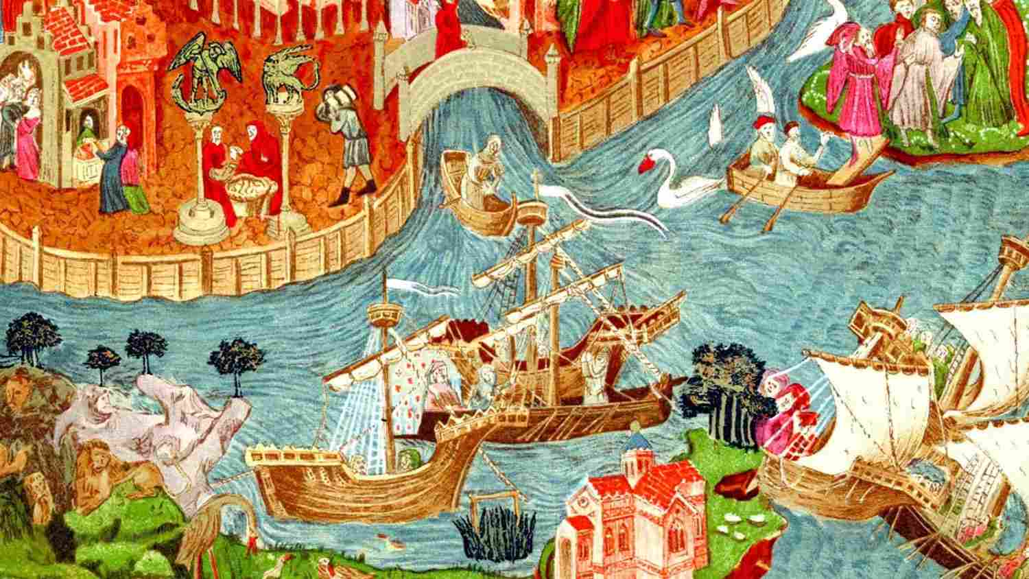 A vibrant medieval illustration depicting ships and people along a river, inspired by the travels of Marco Polo.
