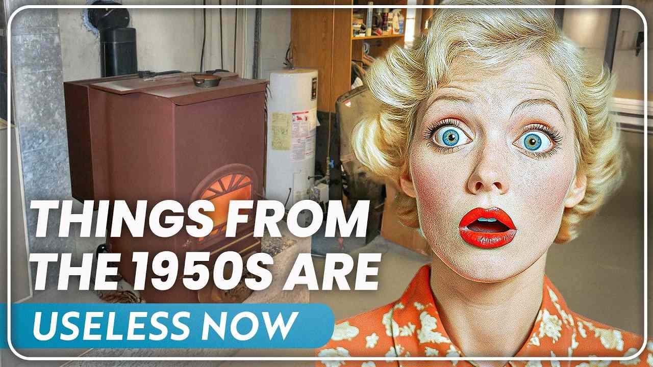 A surprised woman in vintage clothing with a retro background, highlighting obsolete items from the 1950s
