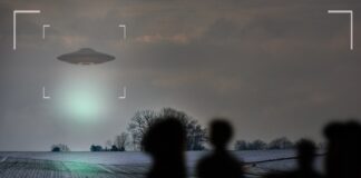 Silhouetted figures observing a UFO in a cloudy sky over a snowy field