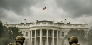 Soldiers advancing towards the White House during a military operation