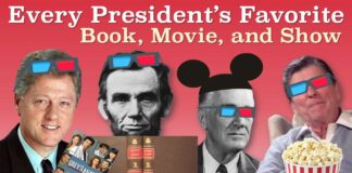 Collage of U.S. Presidents with 3D glasses, showcasing their favorite books, movies, and shows.