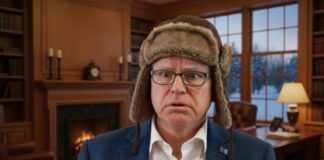 A man in a fur hat with a surprised expression in a cozy room