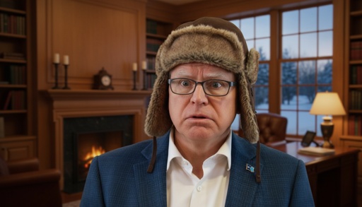 A man in a fur hat with a surprised expression in a cozy room